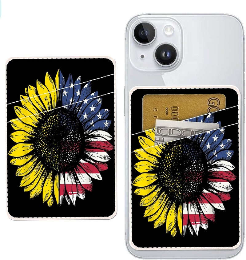AOHRO Dual Pocket Leather Phone Wallet Adhesive Stick On, Cute Card Holder, Credit Card Holder for Case, Sunflower American Flag - Image 1